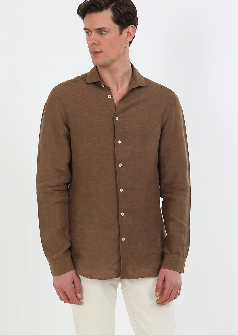 Brown Plain Regular Fit Weaving Casual 100% Linen Shirt 