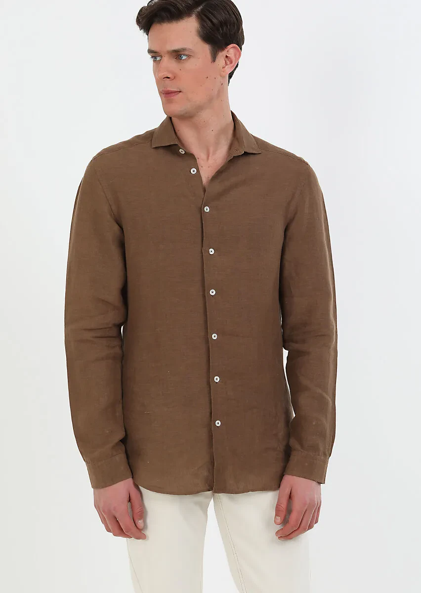 Brown Plain Regular Fit Weaving Casual 100% Linen Shirt - 2