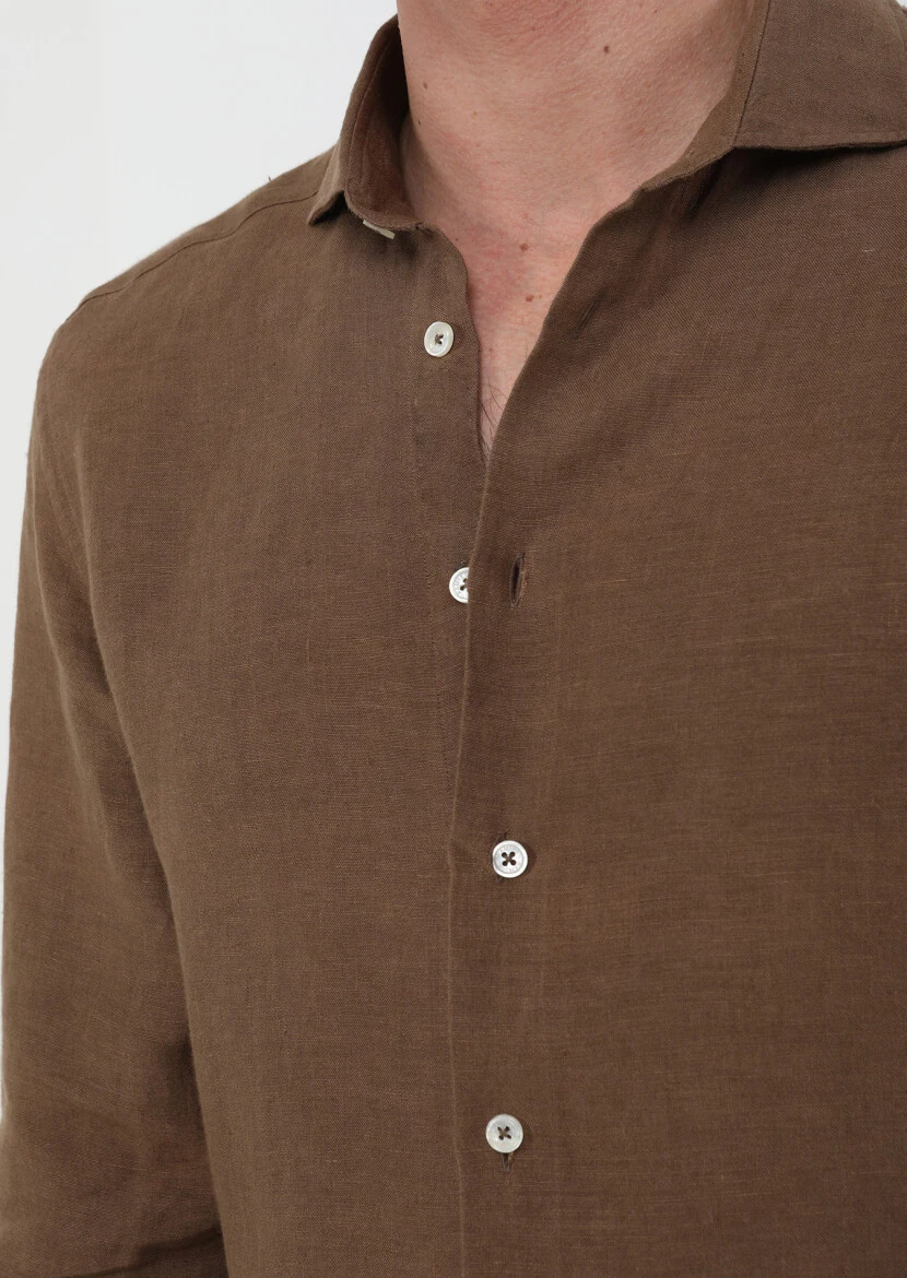 Brown Plain Regular Fit Weaving Casual 100% Linen Shirt - 3