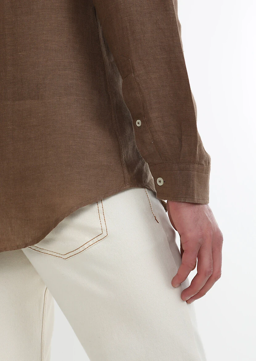 Brown Plain Regular Fit Weaving Casual 100% Linen Shirt - 4