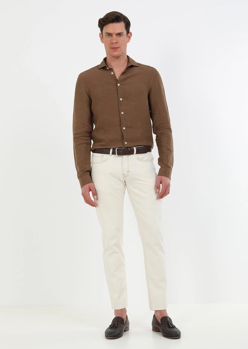 Brown Plain Regular Fit Weaving Casual 100% Linen Shirt - 5