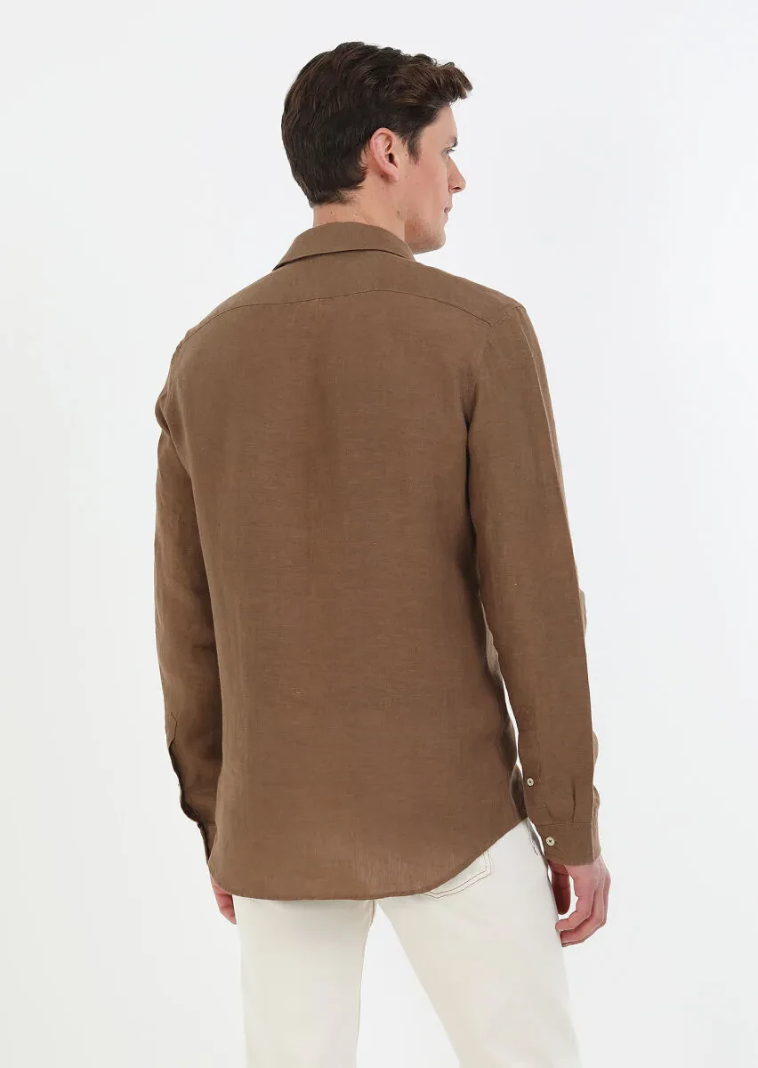 Brown Plain Regular Fit Weaving Casual 100% Linen Shirt - 6