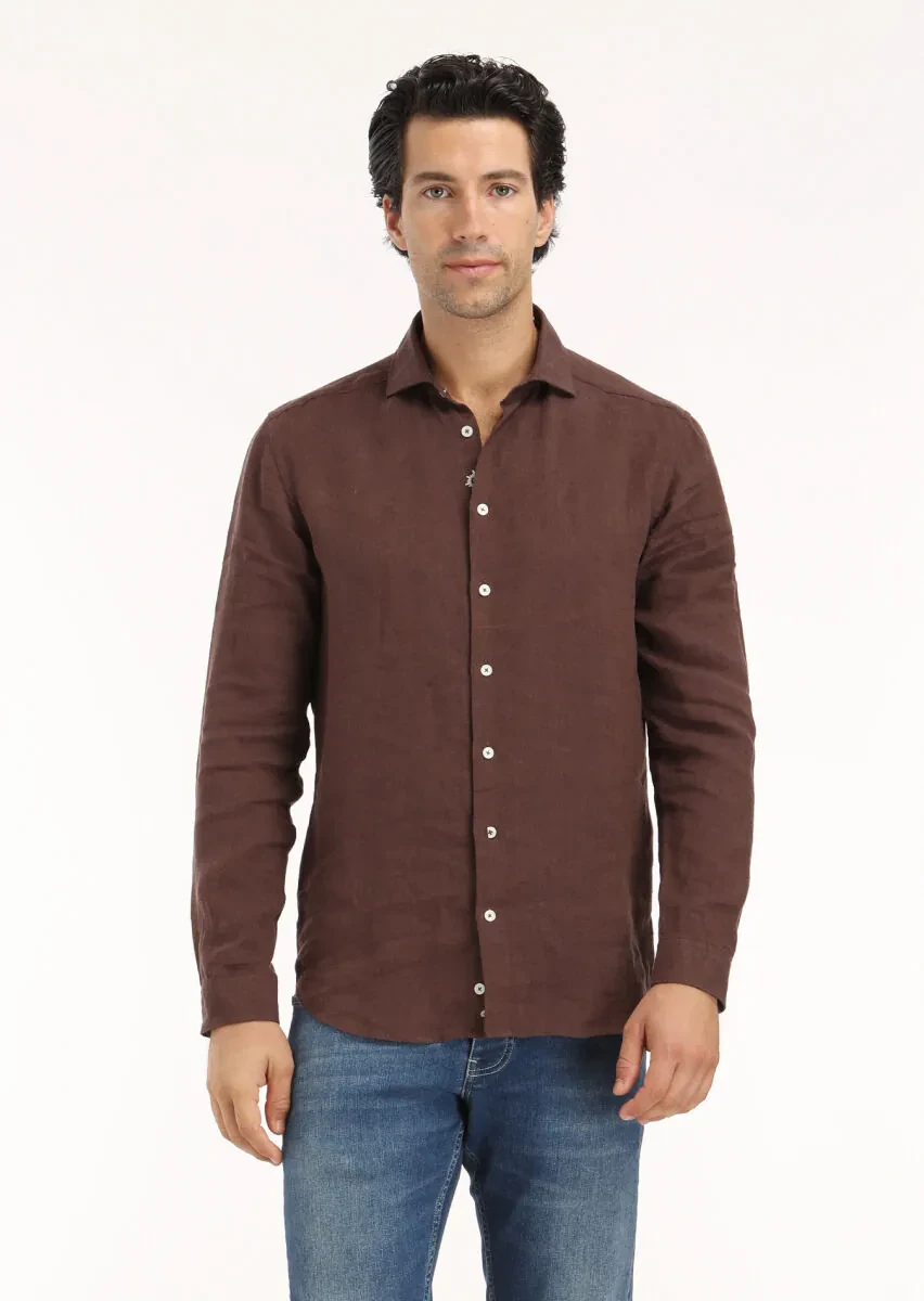 Brown Plain Regular Fit Weaving Casual 100% Linen Shirt - 2