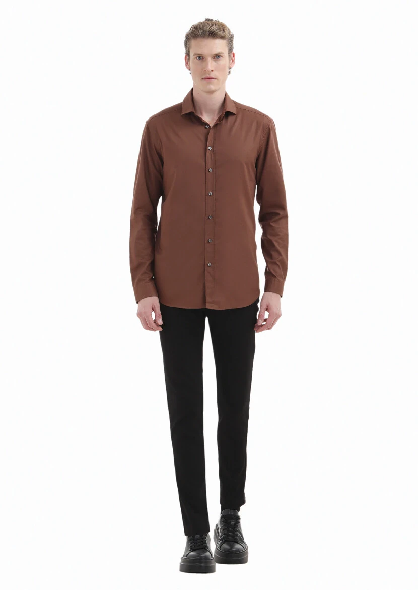 Brown Plain Regular Fit Weaving Casual Cotton Blended Shirt 