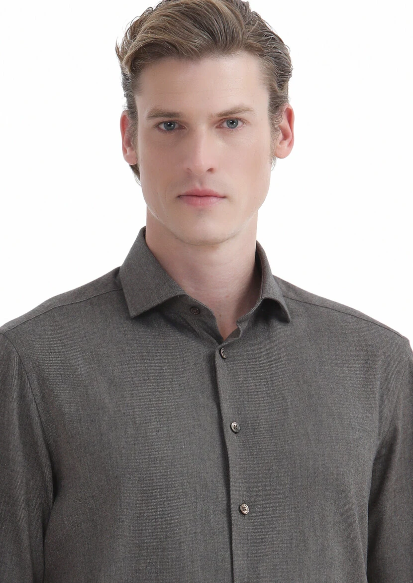 Brown Plain Regular Fit Weaving Casual Cotton Blended Shirt - 4