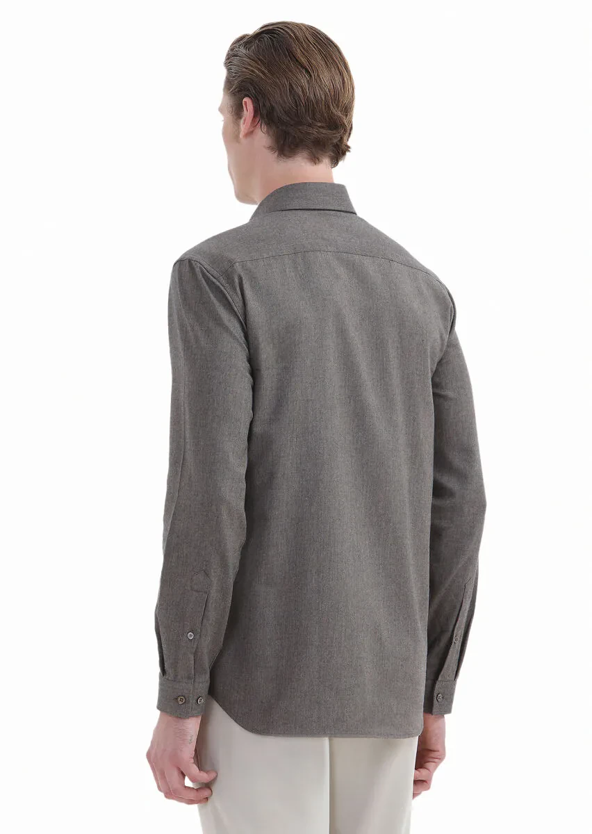 Brown Plain Regular Fit Weaving Casual Cotton Blended Shirt - 6