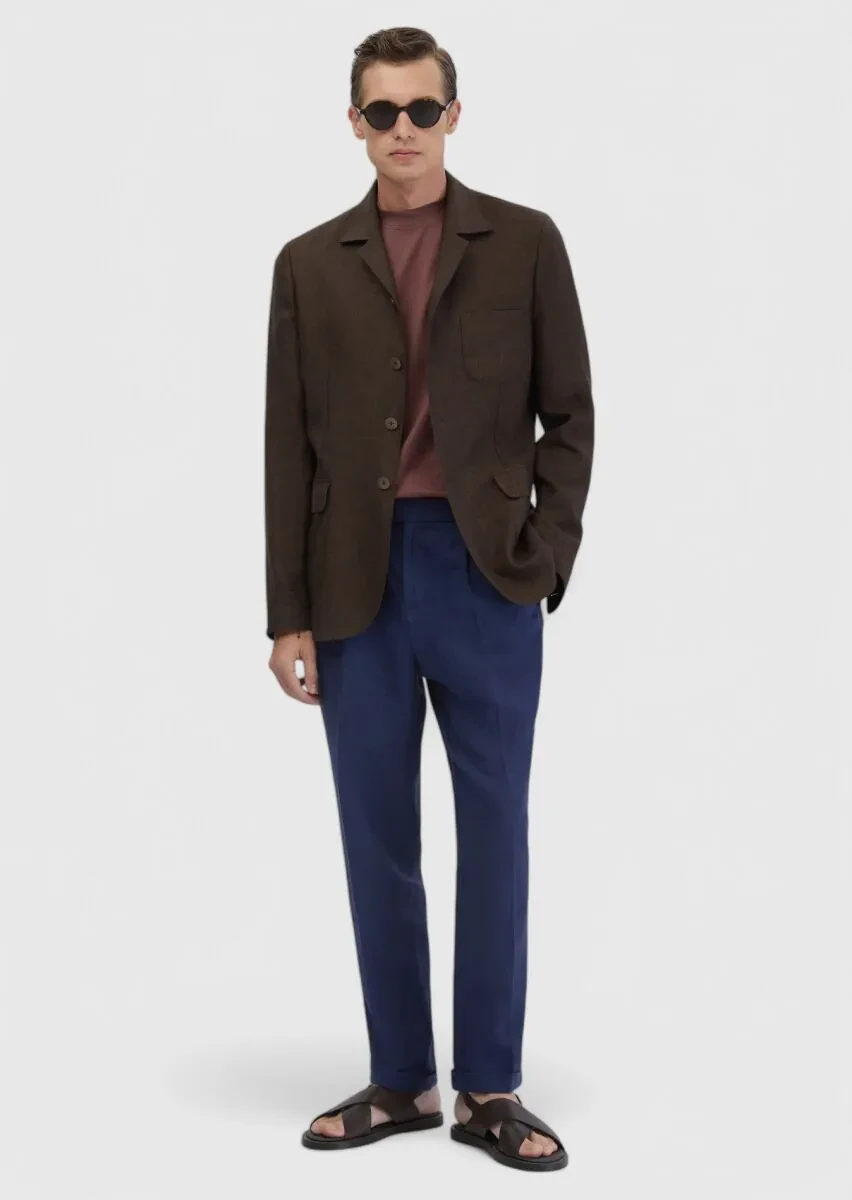 Brown Plain Shirt Shoulder Slim Fit 100% Linen Jacket - 2