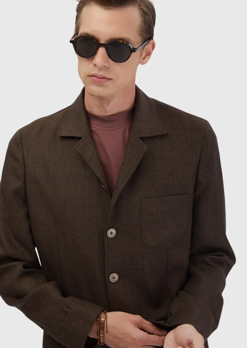 Brown Plain Shirt Shoulder Slim Fit 100% Linen Jacket - 3
