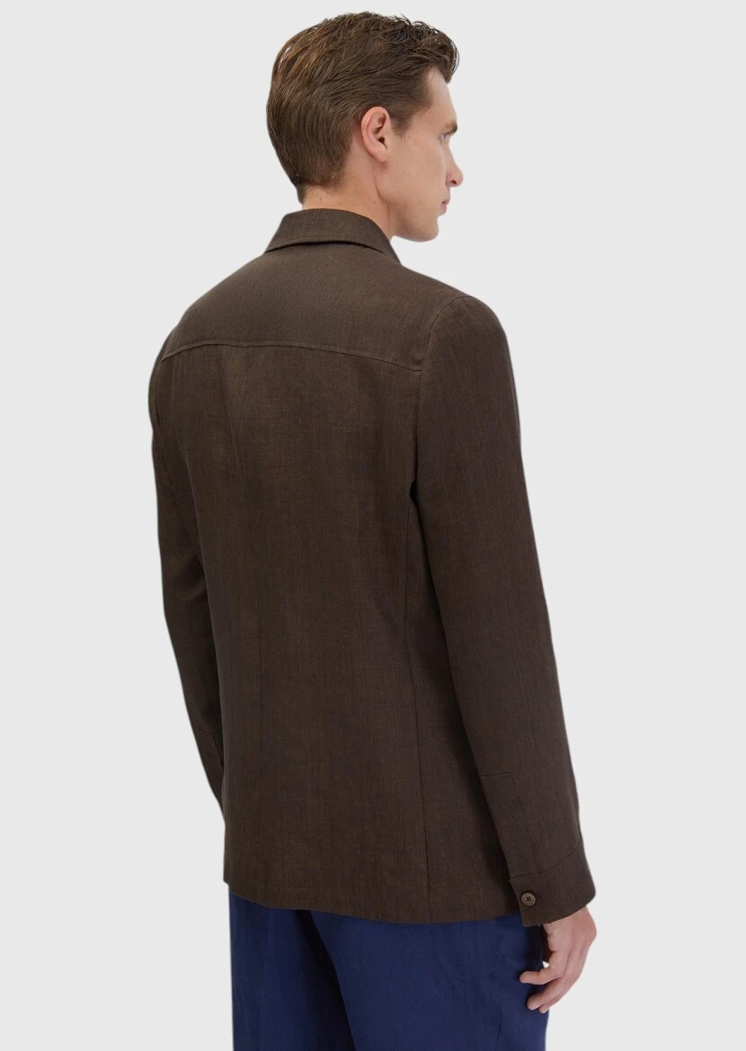 Brown Plain Shirt Shoulder Slim Fit 100% Linen Jacket - 6