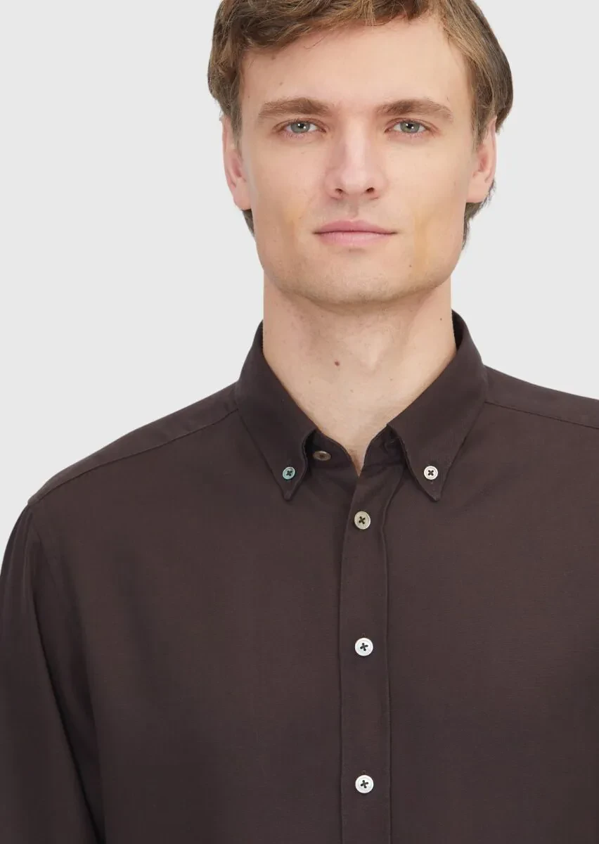 Brown Plain Weaving Casual Shirt - 3