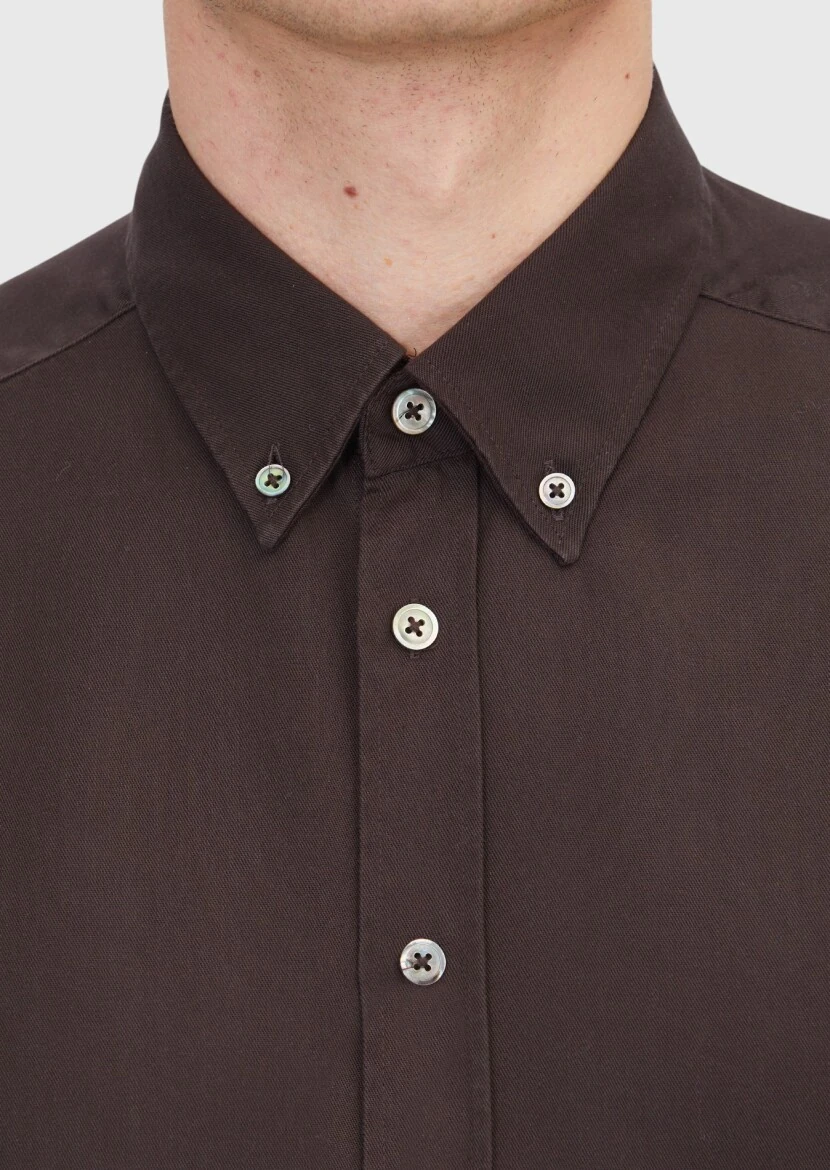 Brown Plain Weaving Casual Shirt - 5