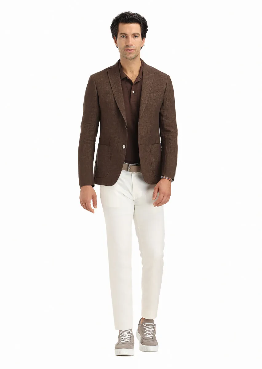 Brown Plain Zeroweight Slim Fit 100% Linen Jacket - 1