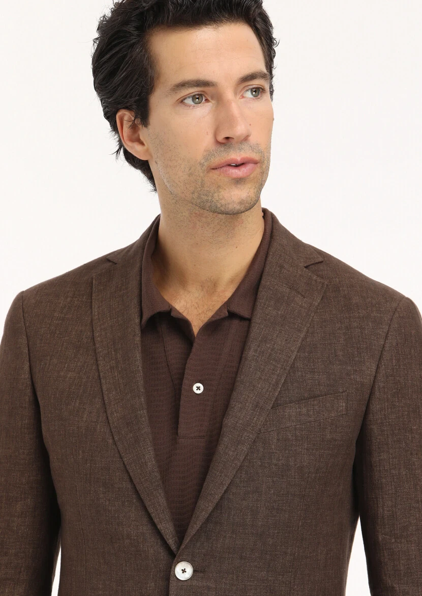 Brown Plain Zeroweight Slim Fit 100% Linen Jacket - 3