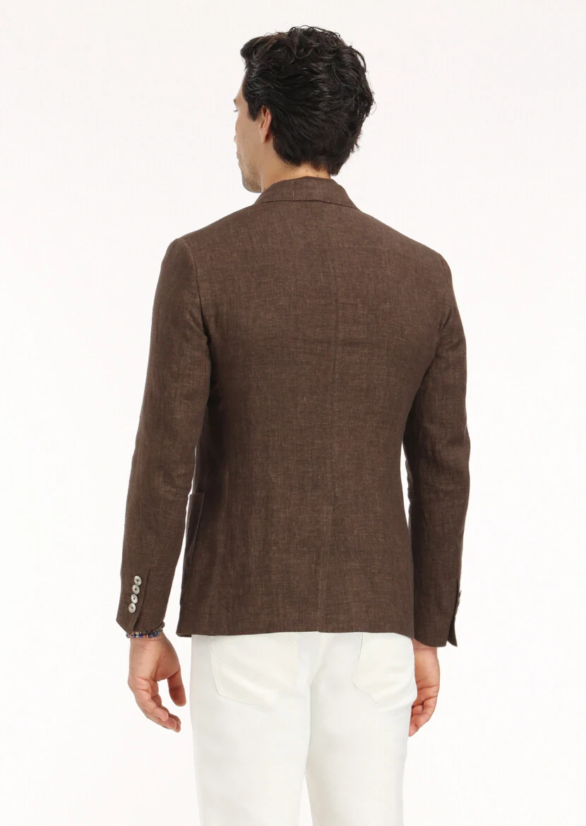 Brown Plain Zeroweight Slim Fit 100% Linen Jacket - 6