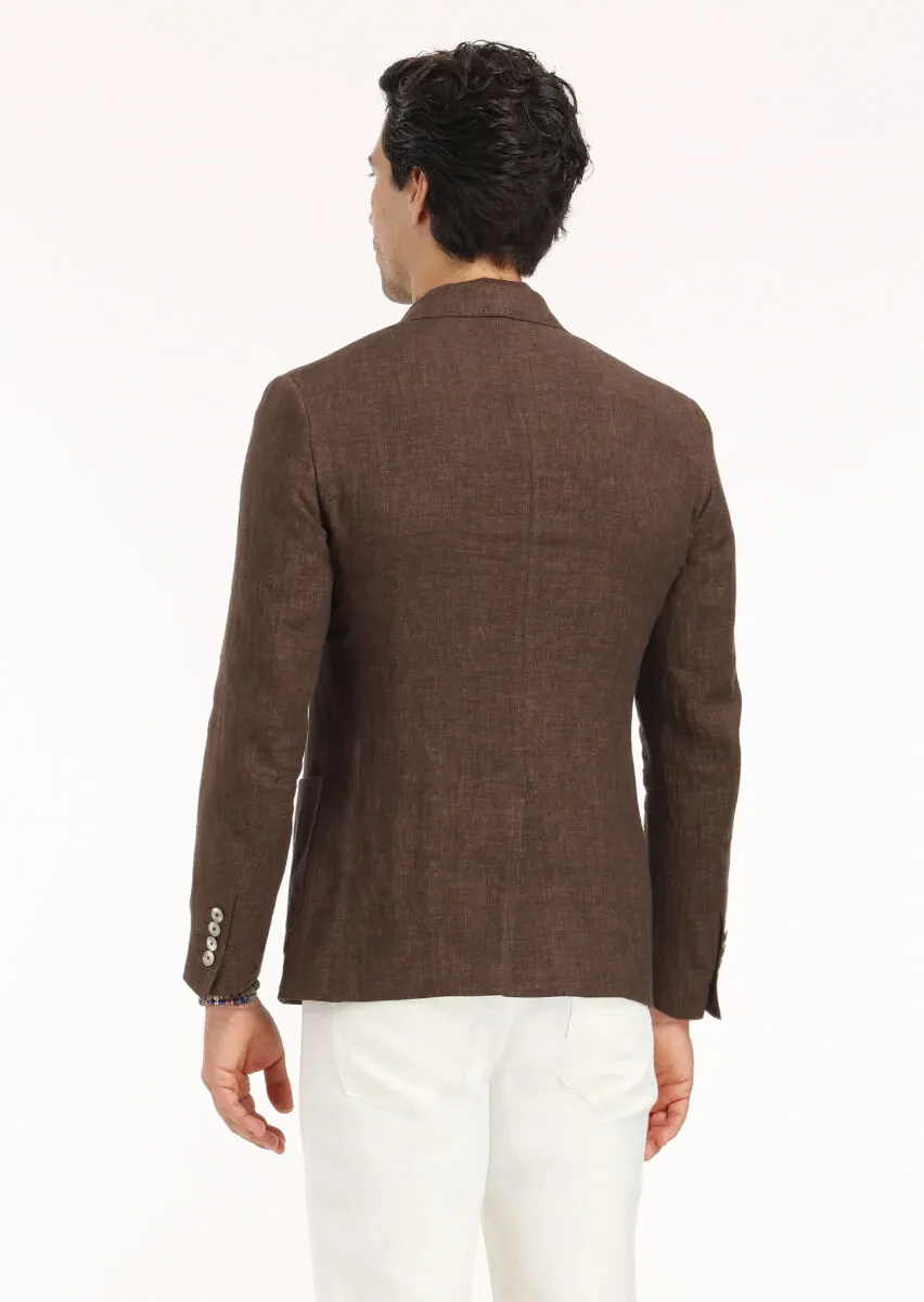 Brown Plain Zeroweight Slim Fit 100% Linen Jacket - 6