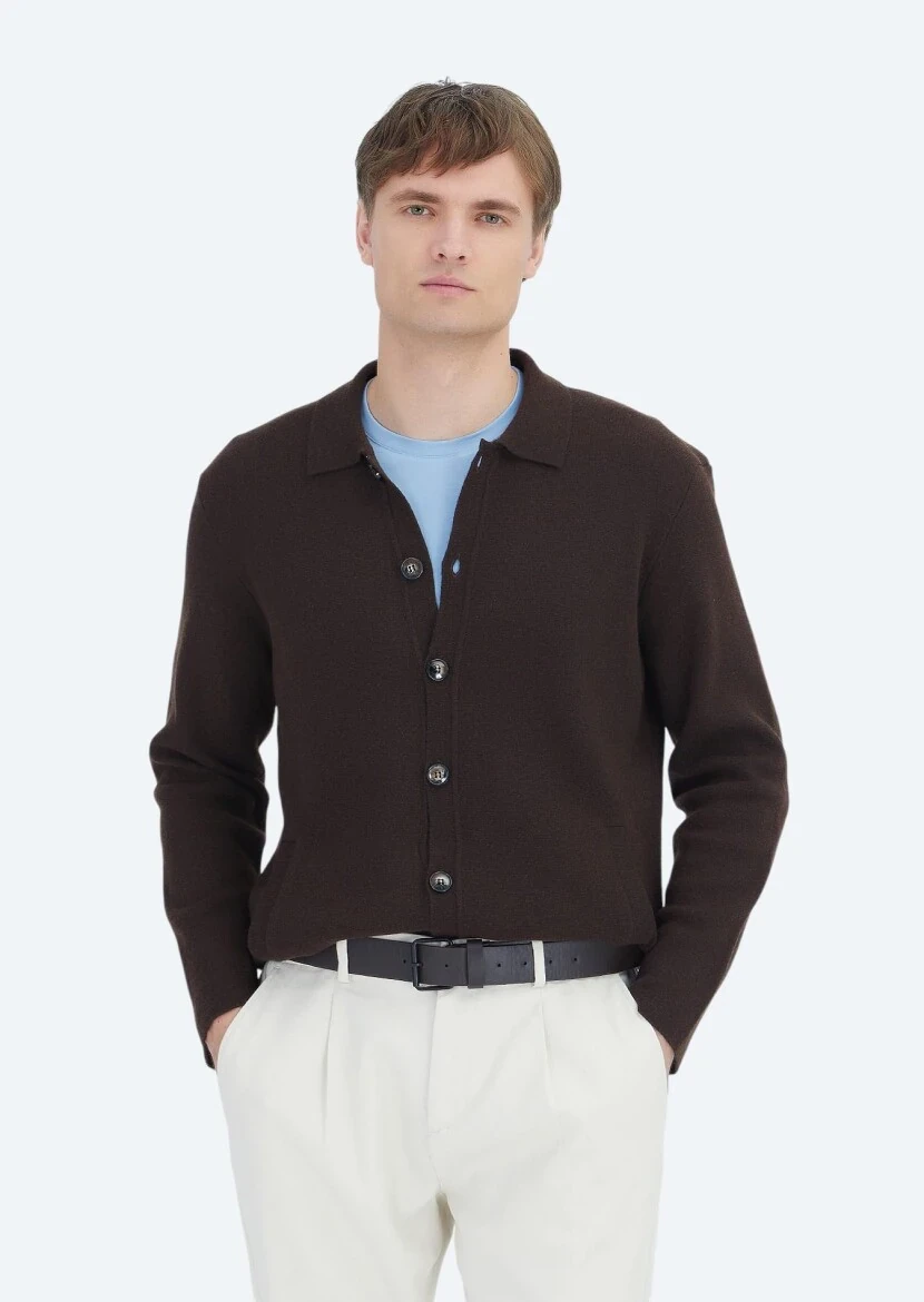 Brown Polo Neck Plain Knitting Wool Blended Cardigan - RAMSEY