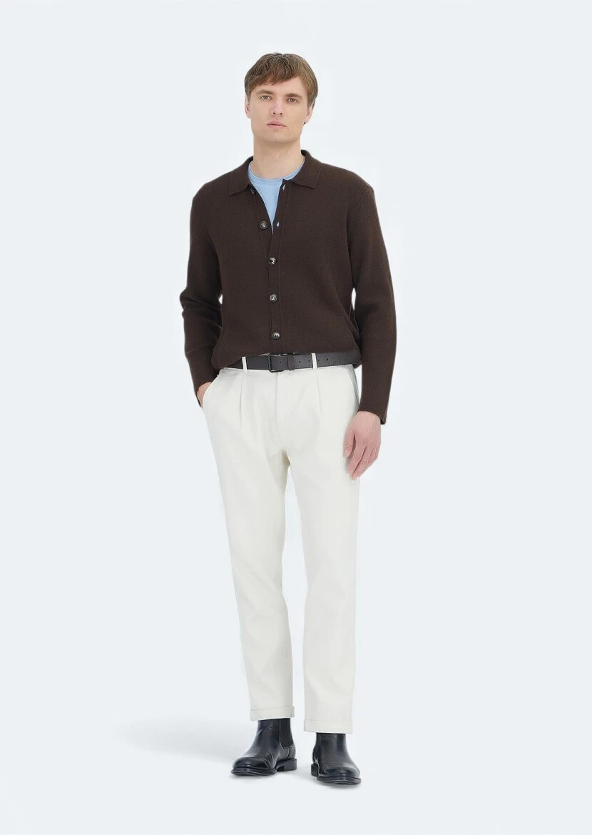 Brown Polo Neck Plain Knitting Wool Blended Cardigan - RAMSEY