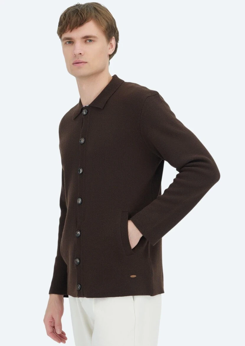 Brown Polo Neck Plain Knitting Wool Blended Cardigan - 3
