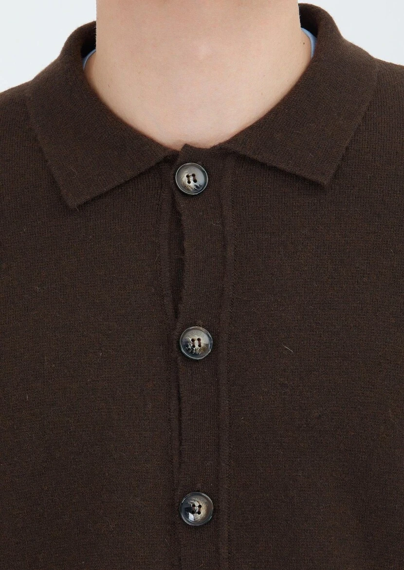 Brown Polo Neck Plain Knitting Wool Blended Cardigan - 4