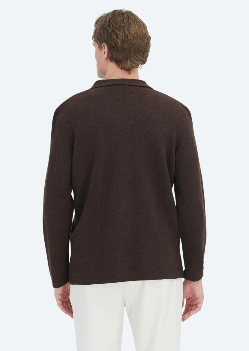 Brown Polo Neck Plain Knitting Wool Blended Cardigan - 5