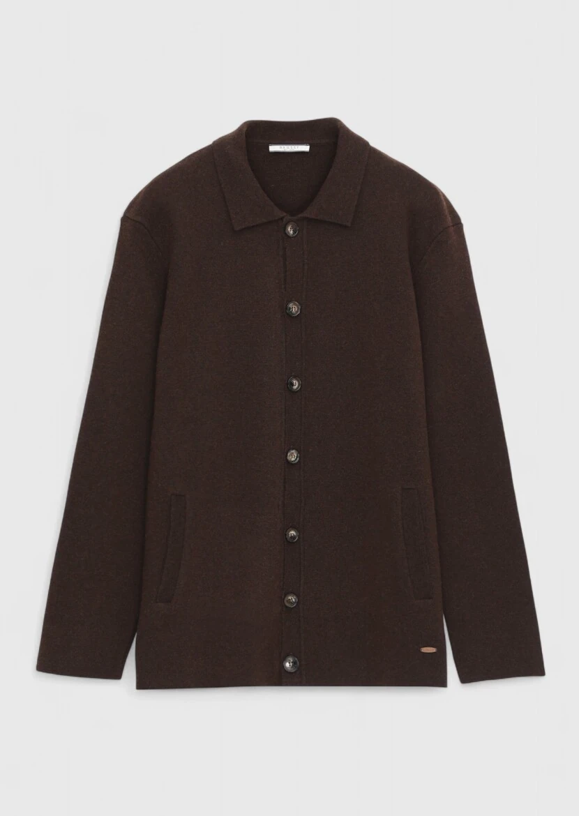 Brown Polo Neck Plain Knitting Wool Blended Cardigan - 6