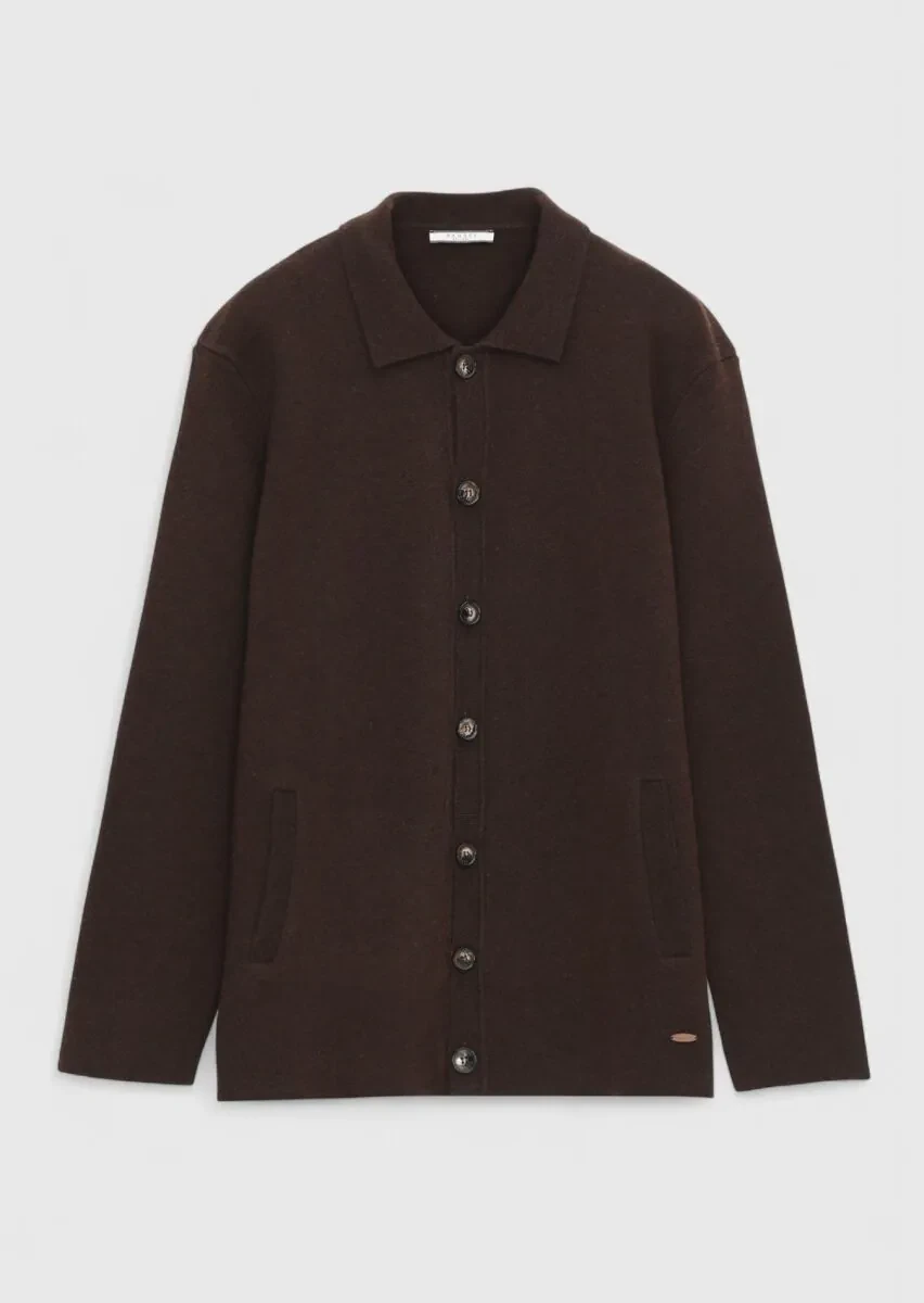 Brown Polo Neck Plain Knitting Wool Blended Cardigan - 6