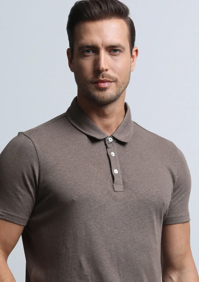 Brown Printed Polo Neck Cotton Blended T-Shirt - 3