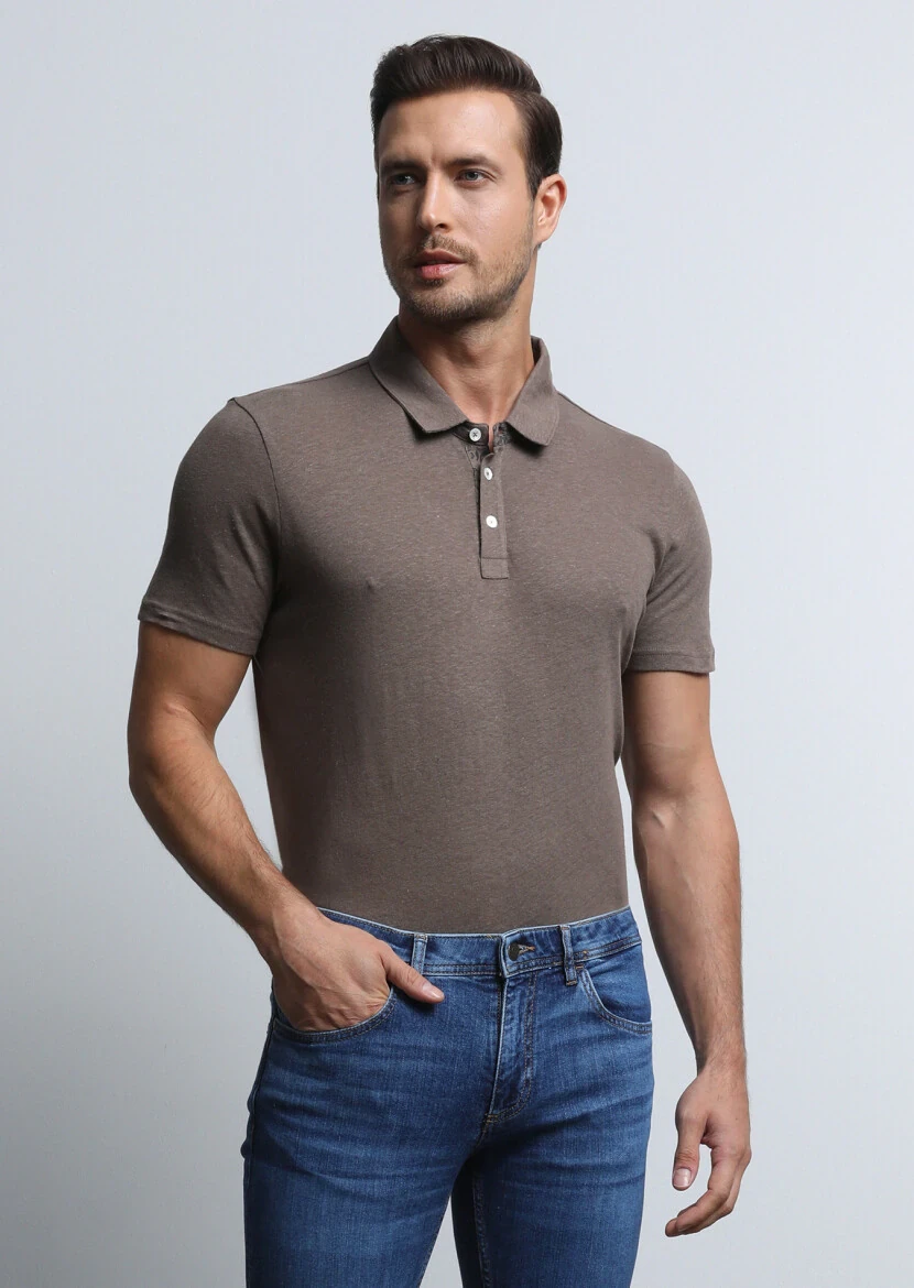 Brown Printed Polo Neck Cotton Blended T-Shirt - 4