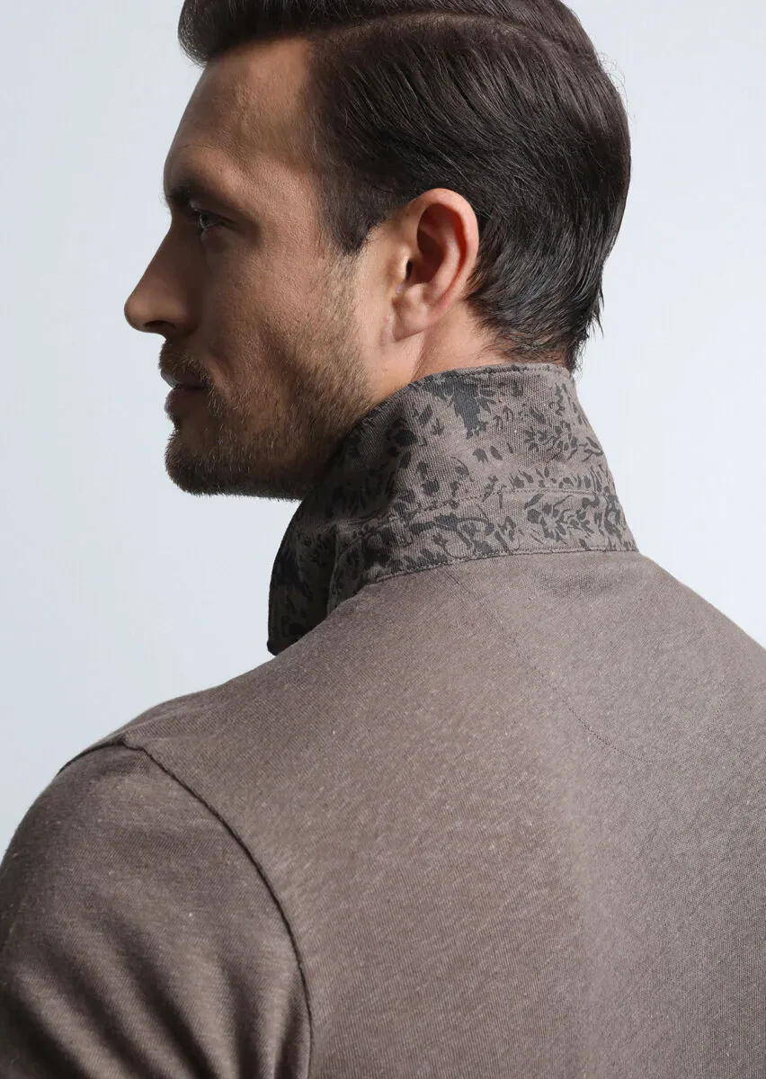 Brown Printed Polo Neck Cotton Blended T-Shirt - 5