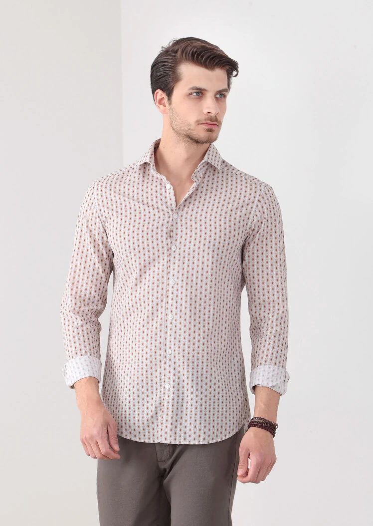Brown Printed Slim Fit Weaving Casual 100% Cotton Shirt - 1