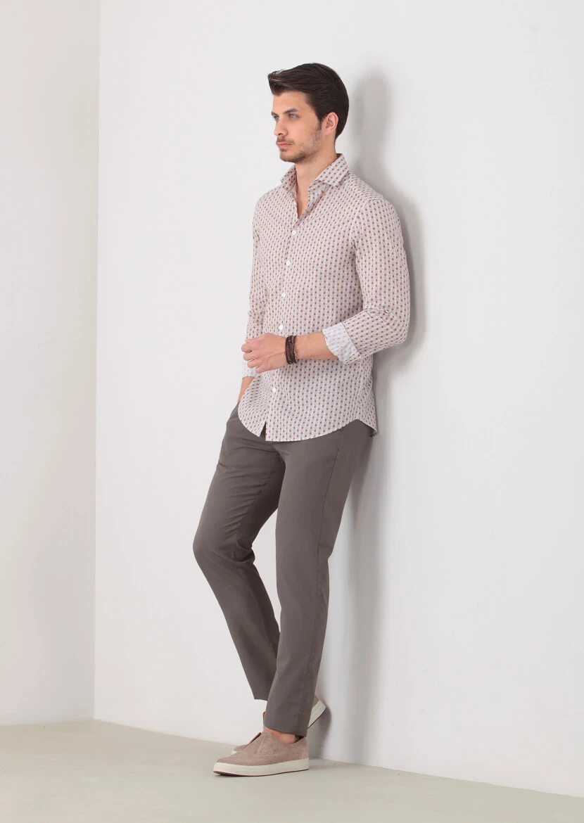 Brown Printed Slim Fit Weaving Casual 100% Cotton Shirt - 2