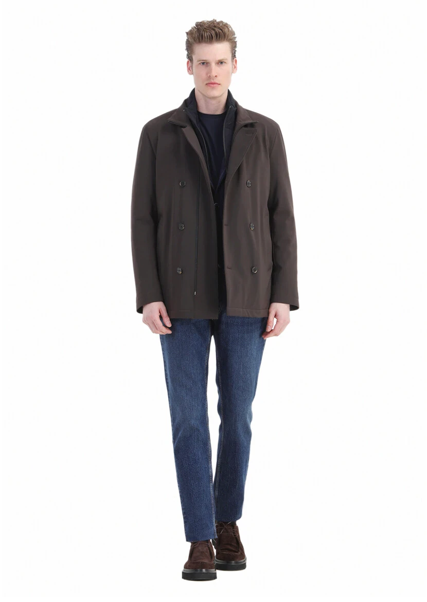 Brown Regular Fit Double Breasted Collar Casual Knitting Coat - 2