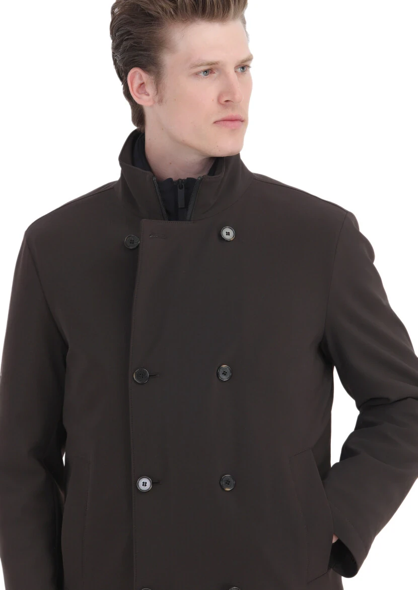 Brown Regular Fit Double Breasted Collar Casual Knitting Coat - 4