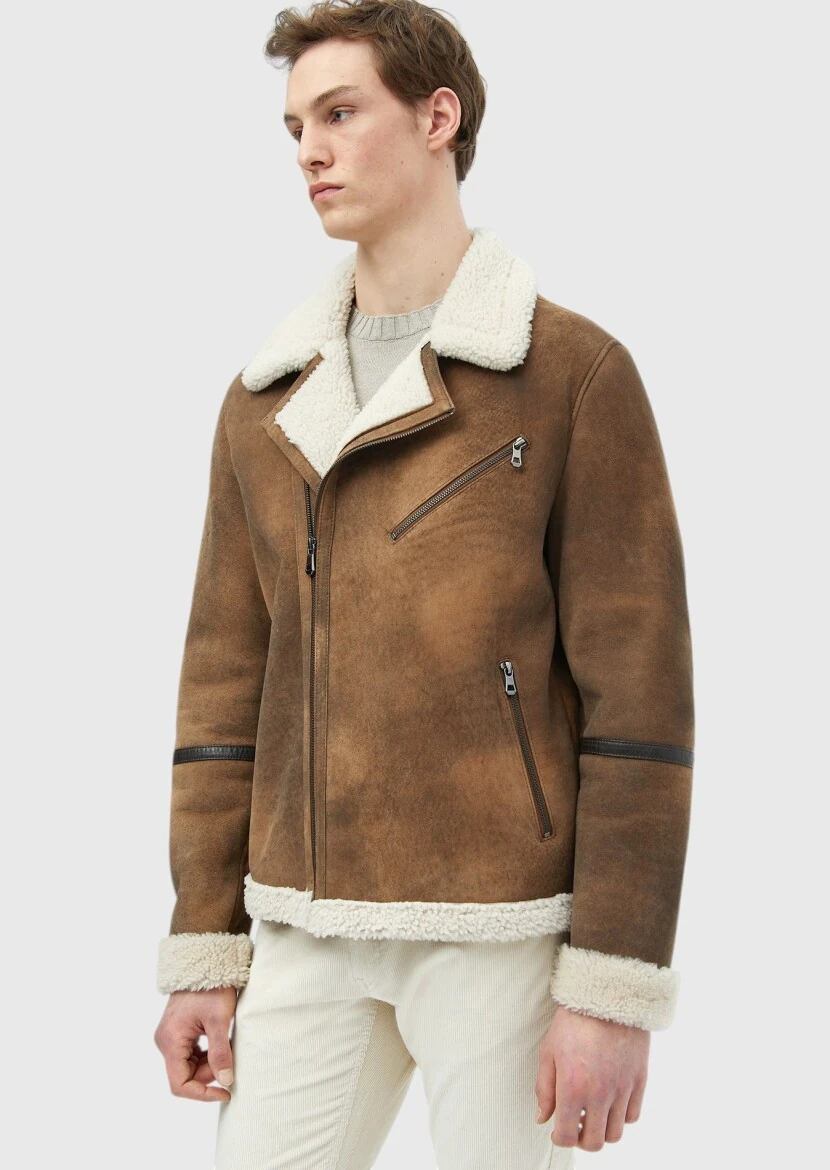 Brown Regular Fit Shirt Collar Casual Fur Leather Coat - RAMSEY