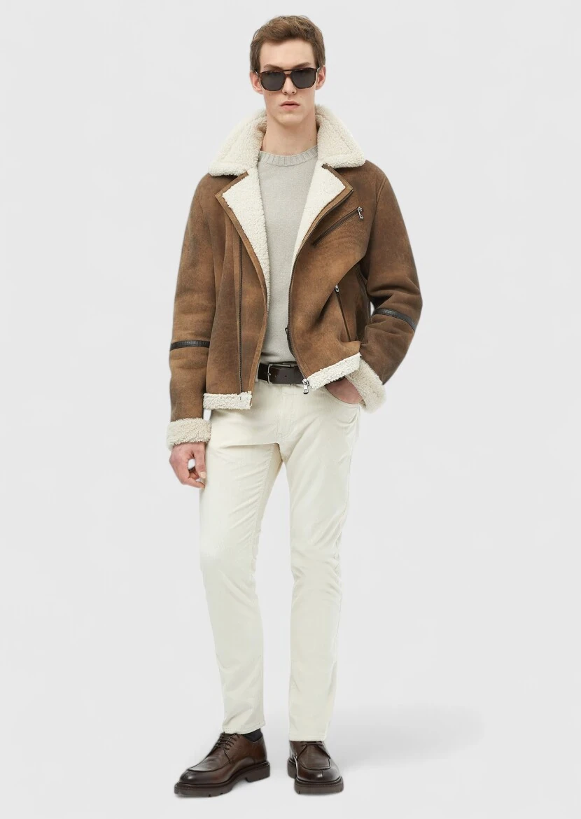 Brown Regular Fit Shirt Collar Casual Fur Leather Coat - RAMSEY