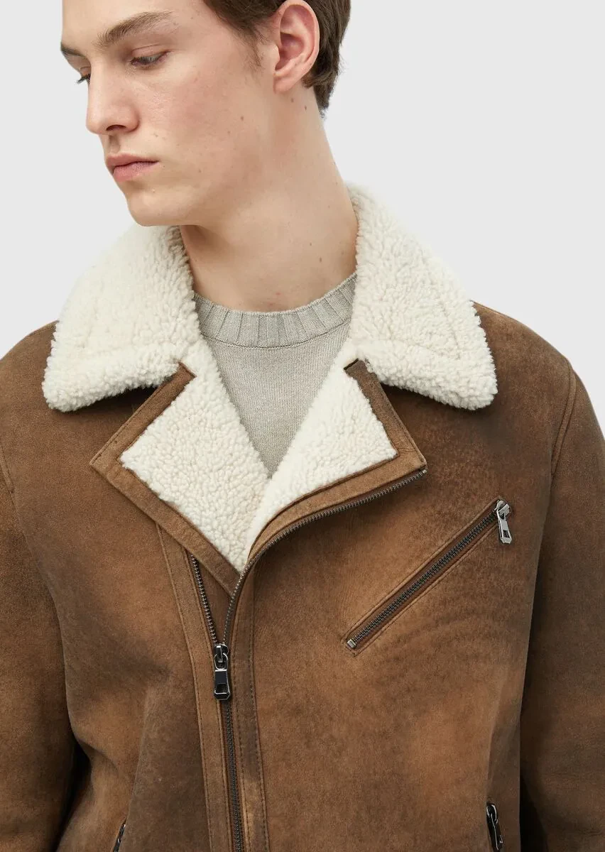 Brown Regular Fit Shirt Collar Casual Fur Leather Coat - 5