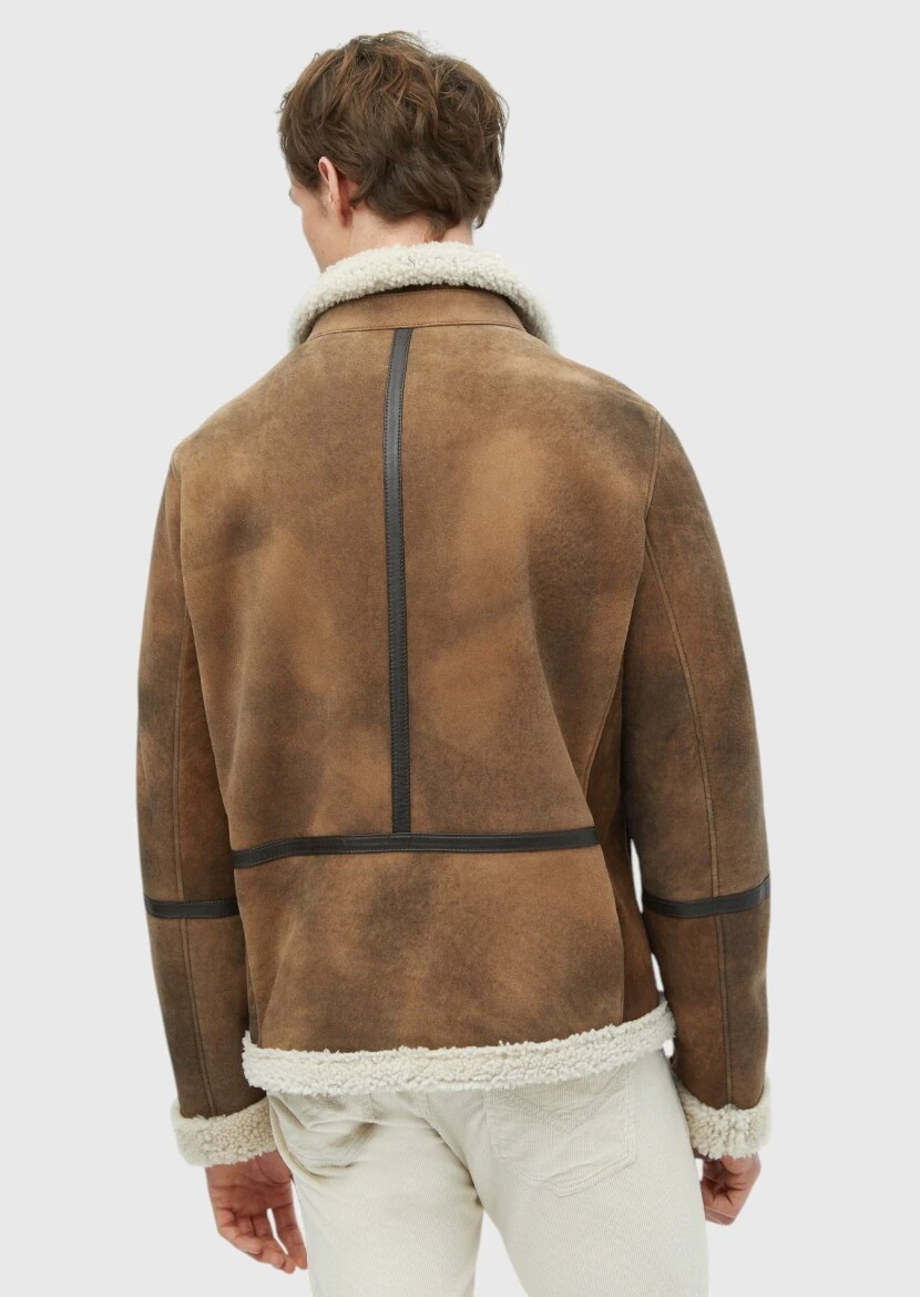 Brown Regular Fit Shirt Collar Casual Fur Leather Coat - 7