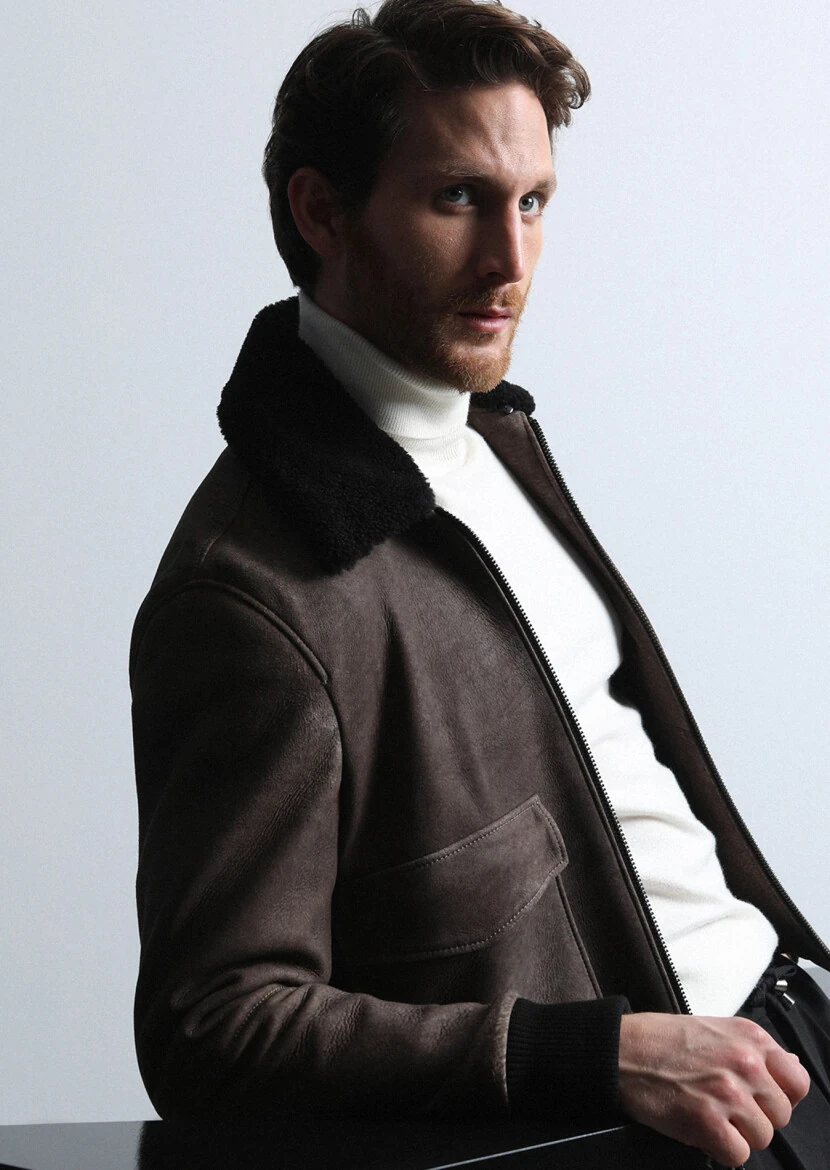 Brown Regular Fit Shirt Collar Casual Leather Leather Coat - 1