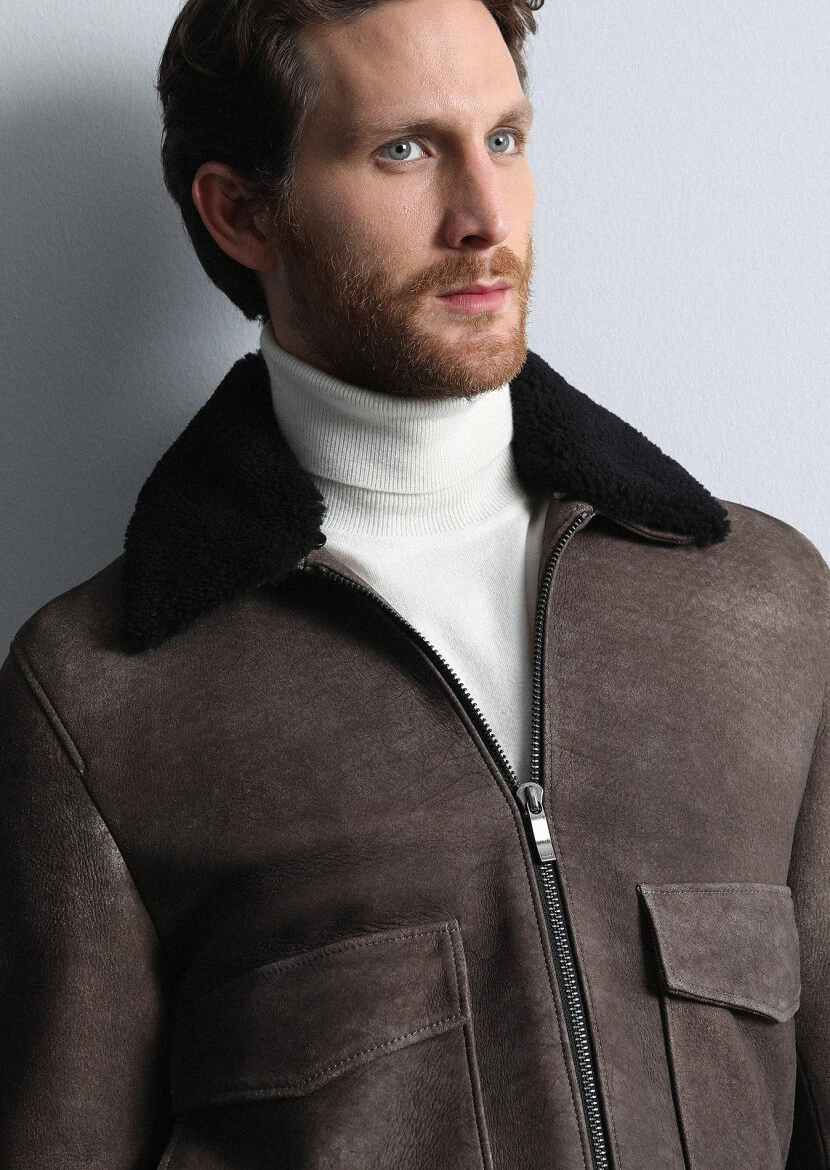 Brown Regular Fit Shirt Collar Casual Leather Leather Coat - 2