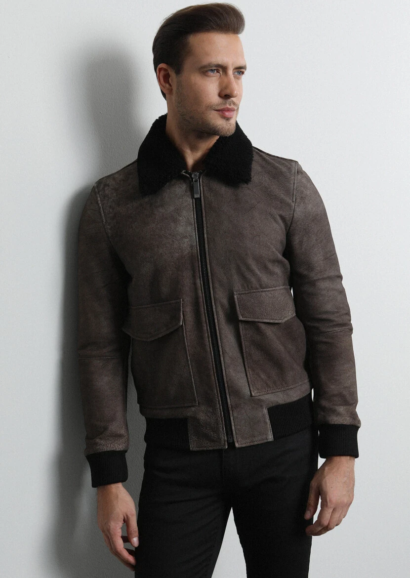 Brown Regular Fit Shirt Collar Casual Leather Leather Coat - 3