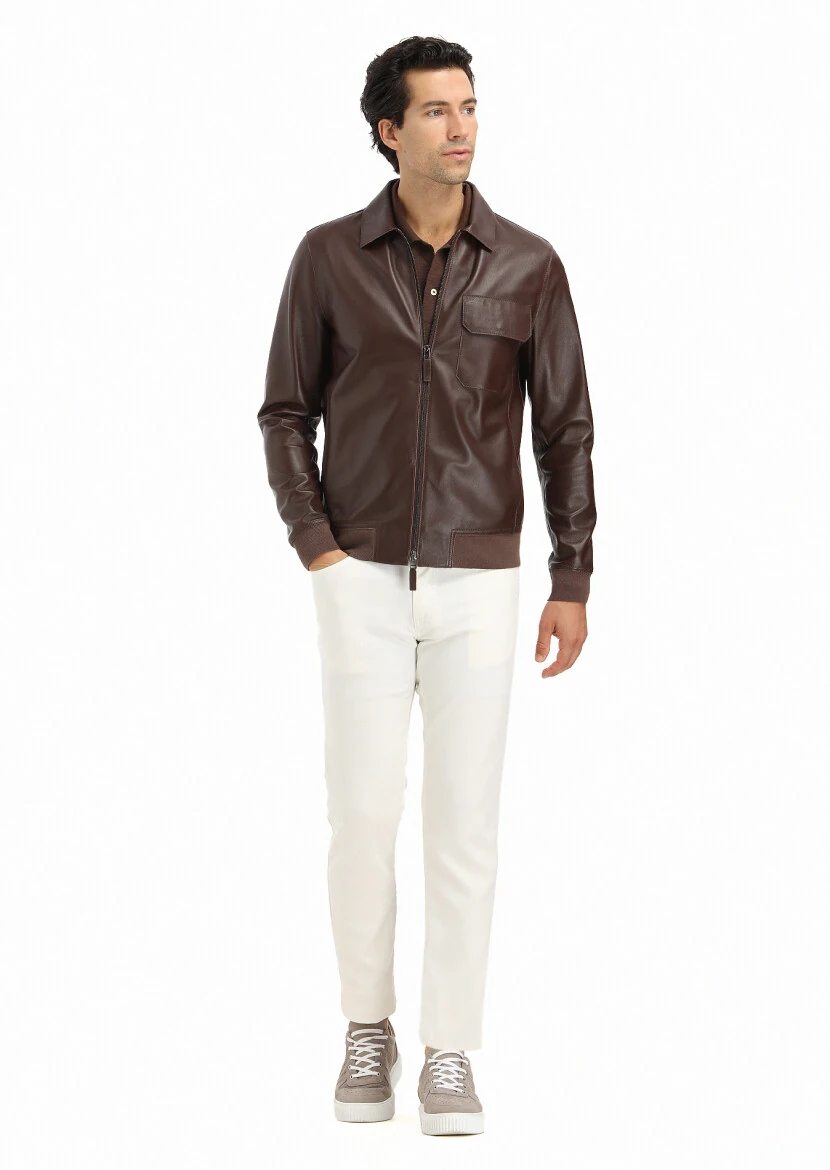 Brown Regular Fit Shirt Collar Casual Leather Leather Coat - 1