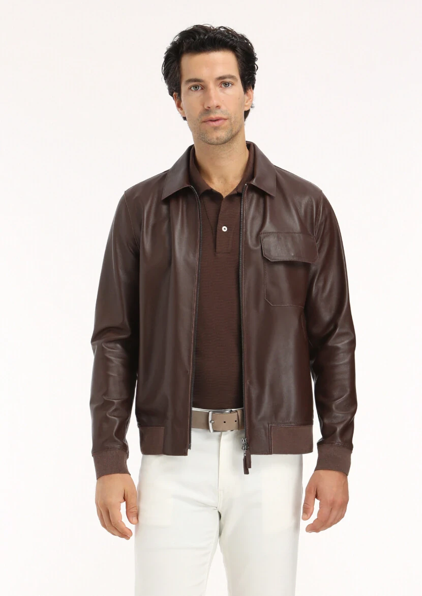 Brown Regular Fit Shirt Collar Casual Leather Leather Coat 