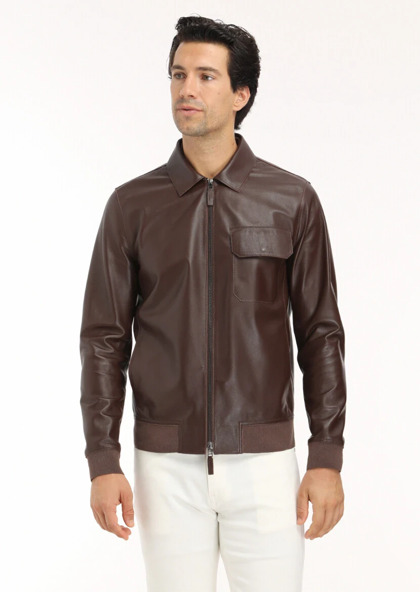 Brown Regular Fit Shirt Collar Casual Leather Leather Coat - 3
