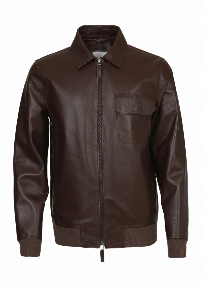 Brown Regular Fit Shirt Collar Casual Leather Leather Coat - 6