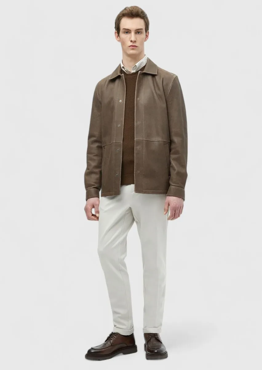 Brown Regular Fit Shirt Collar Casual Leather Leather Coat - 2