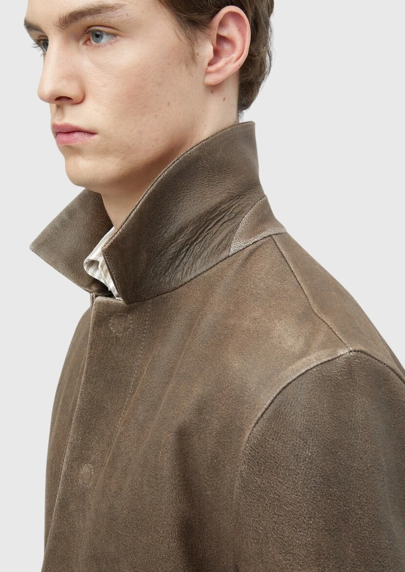 Brown Regular Fit Shirt Collar Casual Leather Leather Coat - 5