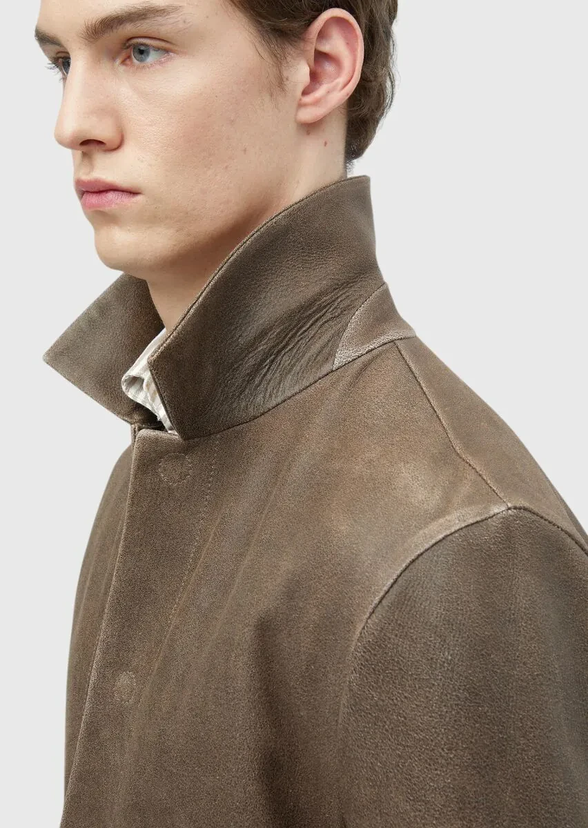 Brown Regular Fit Shirt Collar Casual Leather Leather Coat - 5