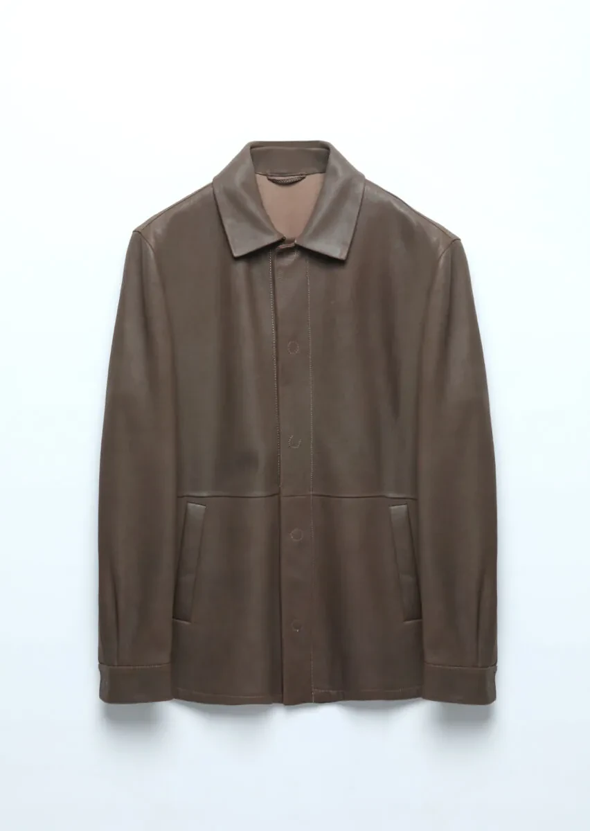 Brown Regular Fit Shirt Collar Casual Leather Leather Coat - 9