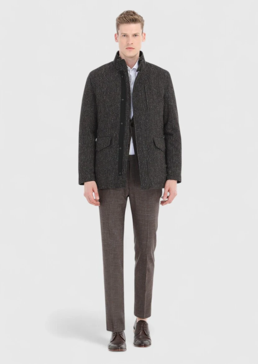 Brown Regular Fit Turtleneck Casual Weaving Coat - 1