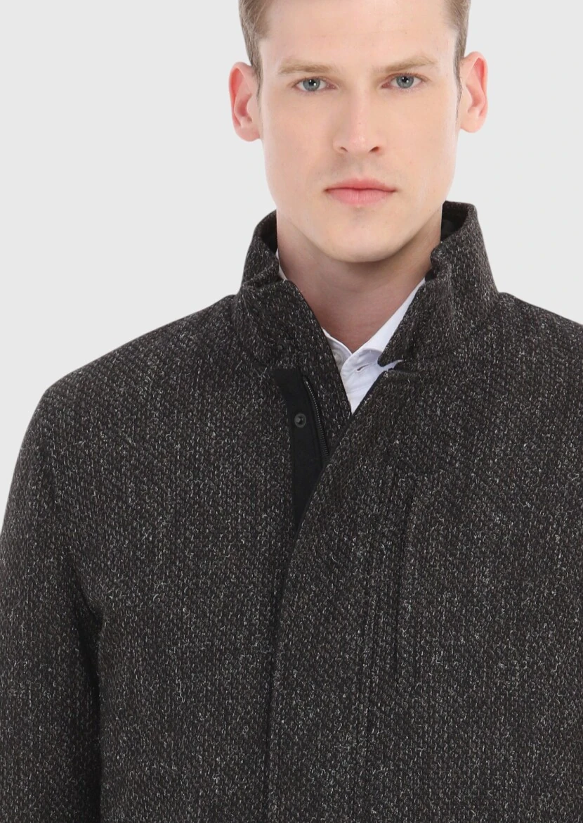 Brown Regular Fit Turtleneck Casual Weaving Coat - 4